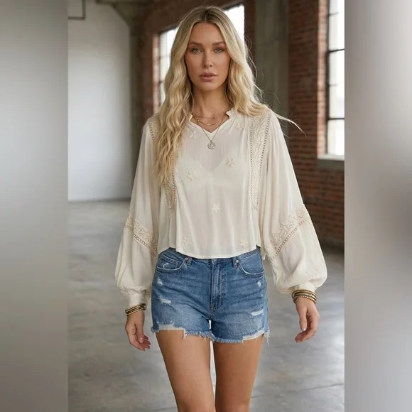 NWT POL Boho Festival Balloon Sleeve Crinkle Woven Peasant Blouse Top Shirt - Picture 3 of 11